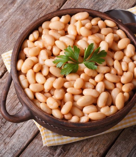 cooked white kidney beans in a bowl closeup horizontal top view
