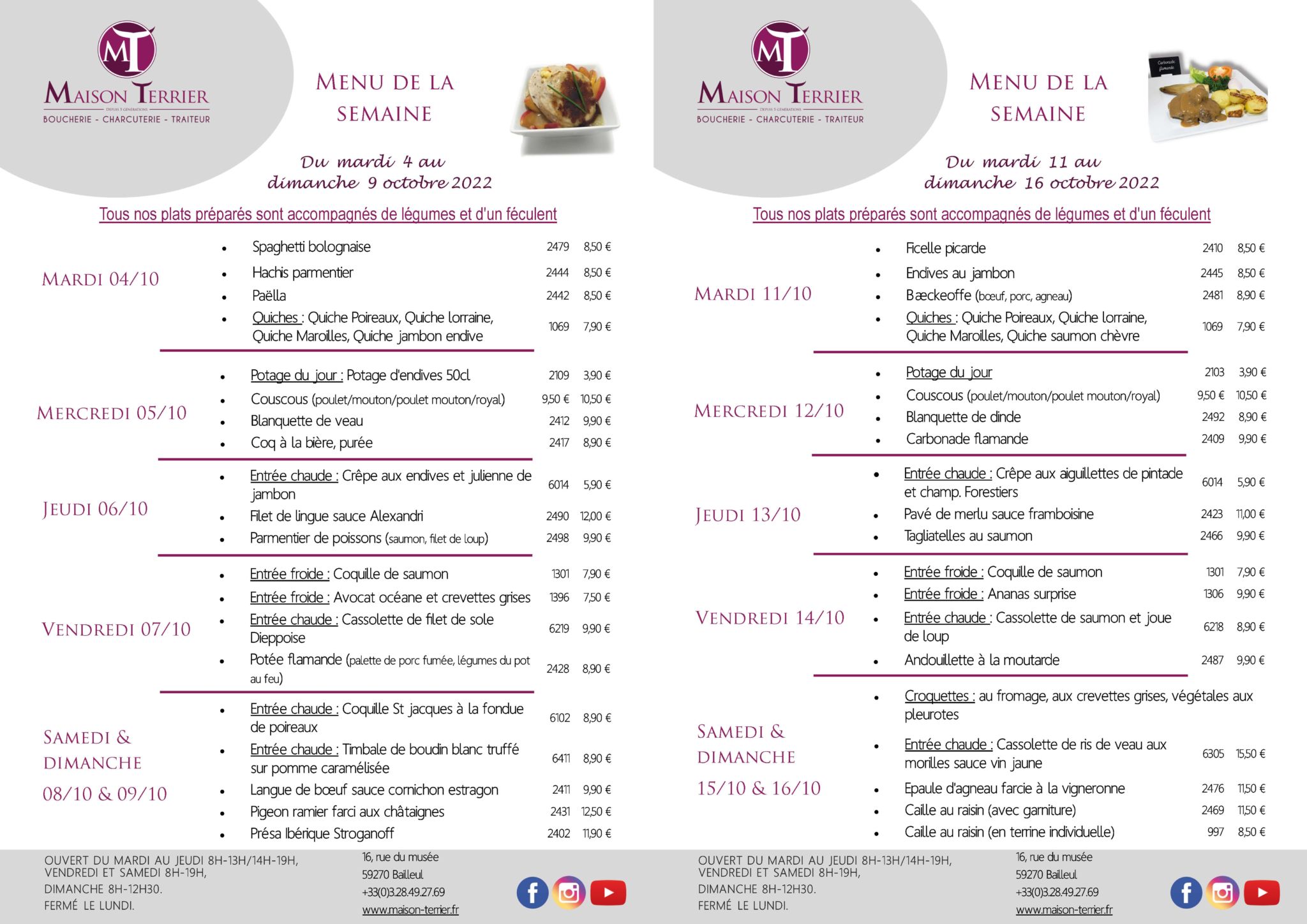 Menus traiteur du 4 au 16 octobre 2022 Maison Terrier