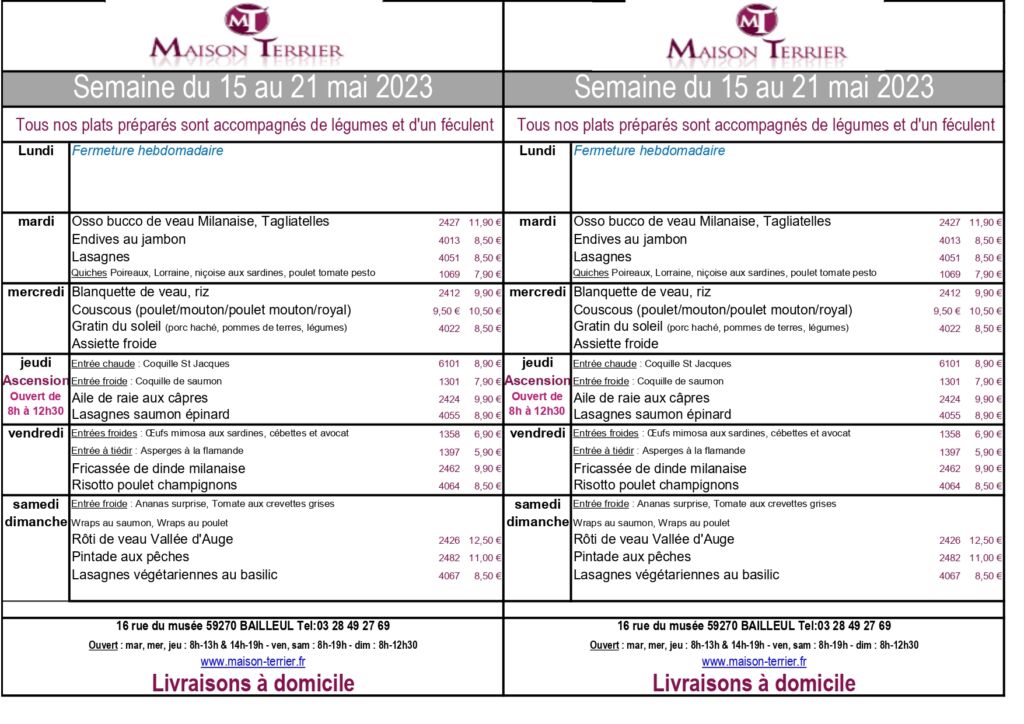 Menu du 15 mai au 21 mai 2023